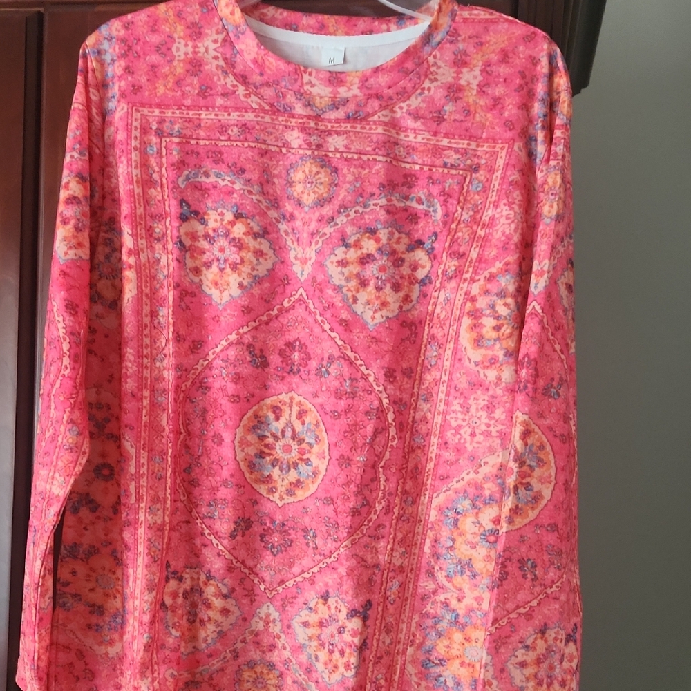 Vibrant Pink and Orange Patterned Long Sleeve Top NEW